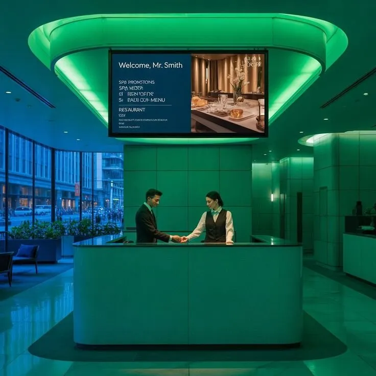 FrontHill Controls hotel lobby digital signage — smart digital signage welcome screen for hotel check-in areas in Lagos Nigeria