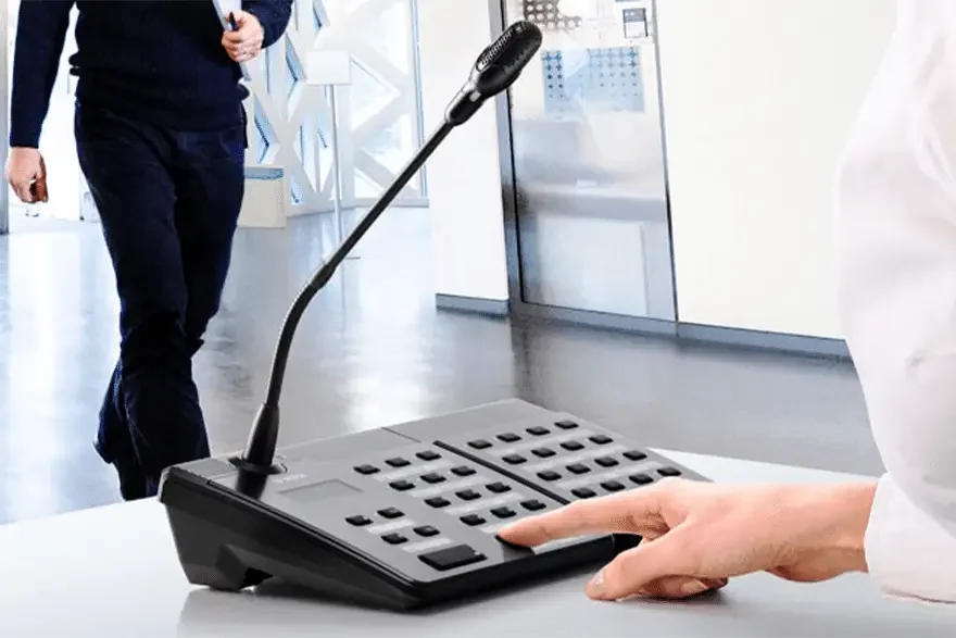 PA system microphone console — FrontHill Controls voice evacuation system for hotels, hospitals, and industrial facilities in West Africa