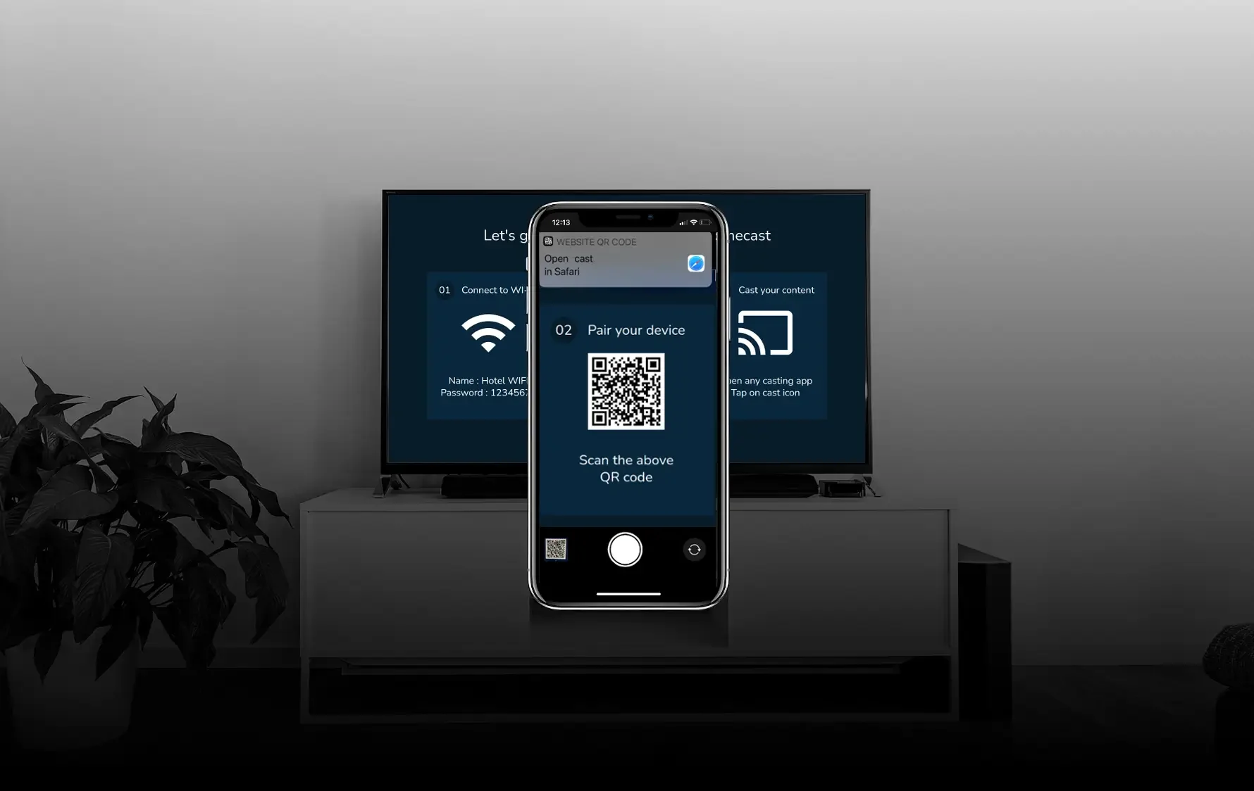 Hotel content casting system QR code setup — FrontHill Controls casting solution for hotels enabling Netflix YouTube Spotify streaming to in-room TV